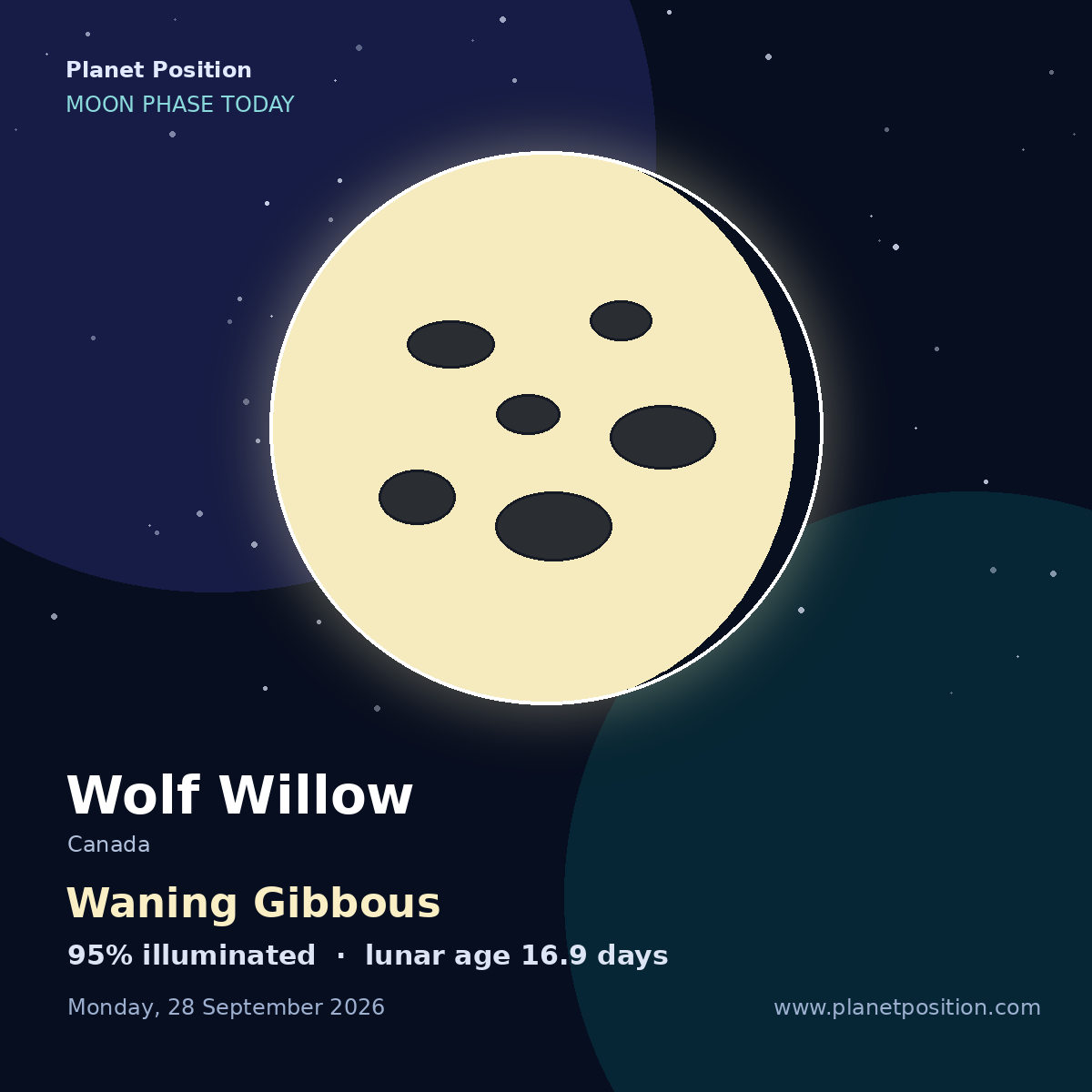 Waning Gibbous moon in Wolf Willow, 99% illuminated