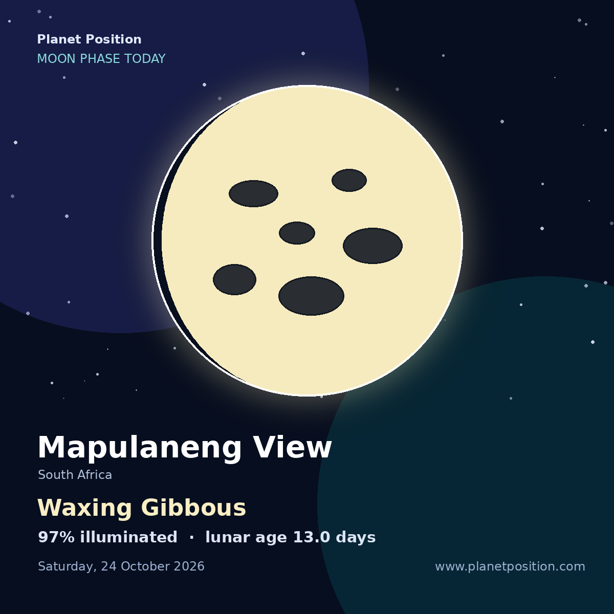 Waxing Gibbous moon in Mapulaneng View, 97% illuminated