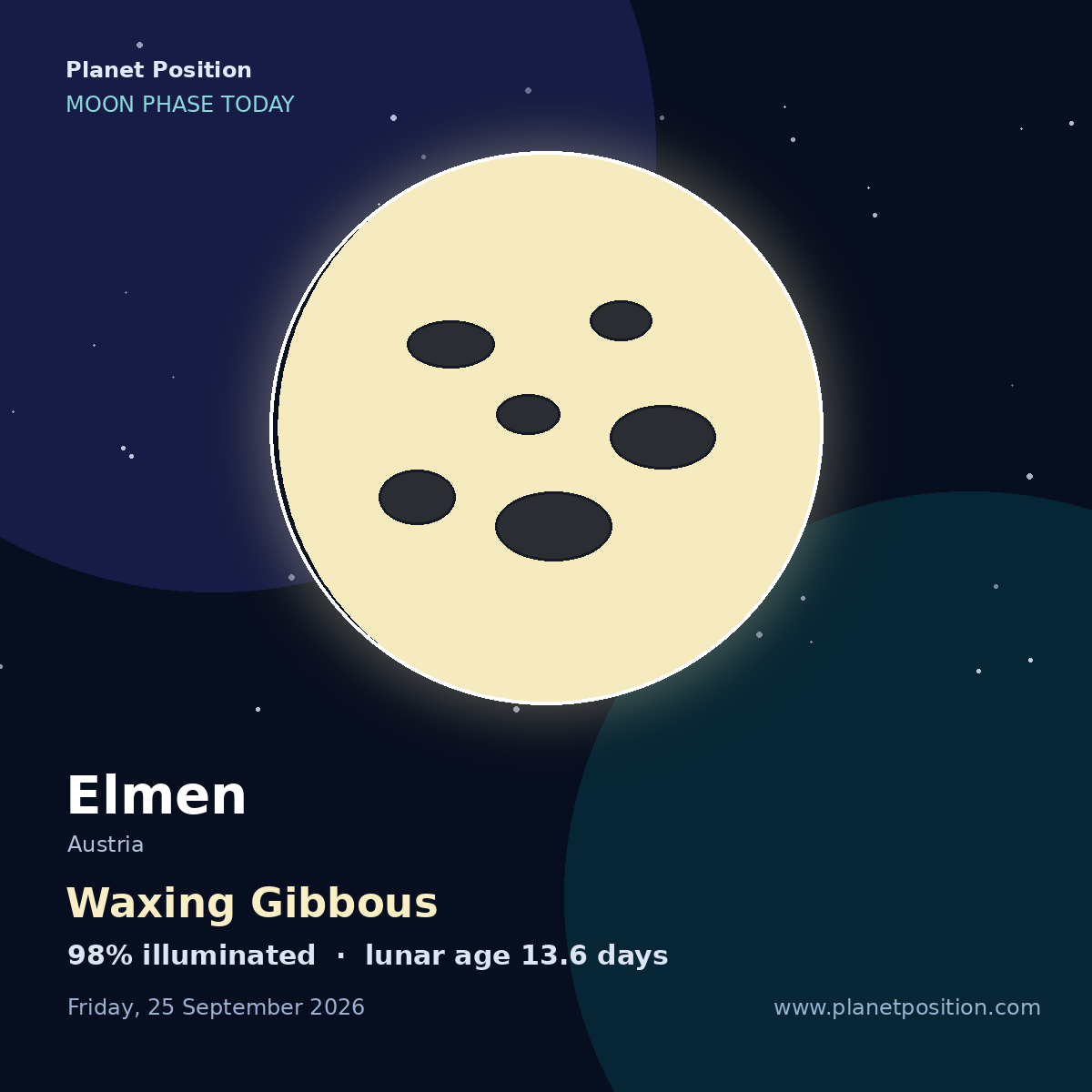 First Quarter moon shape in Elmen, 52% illuminated