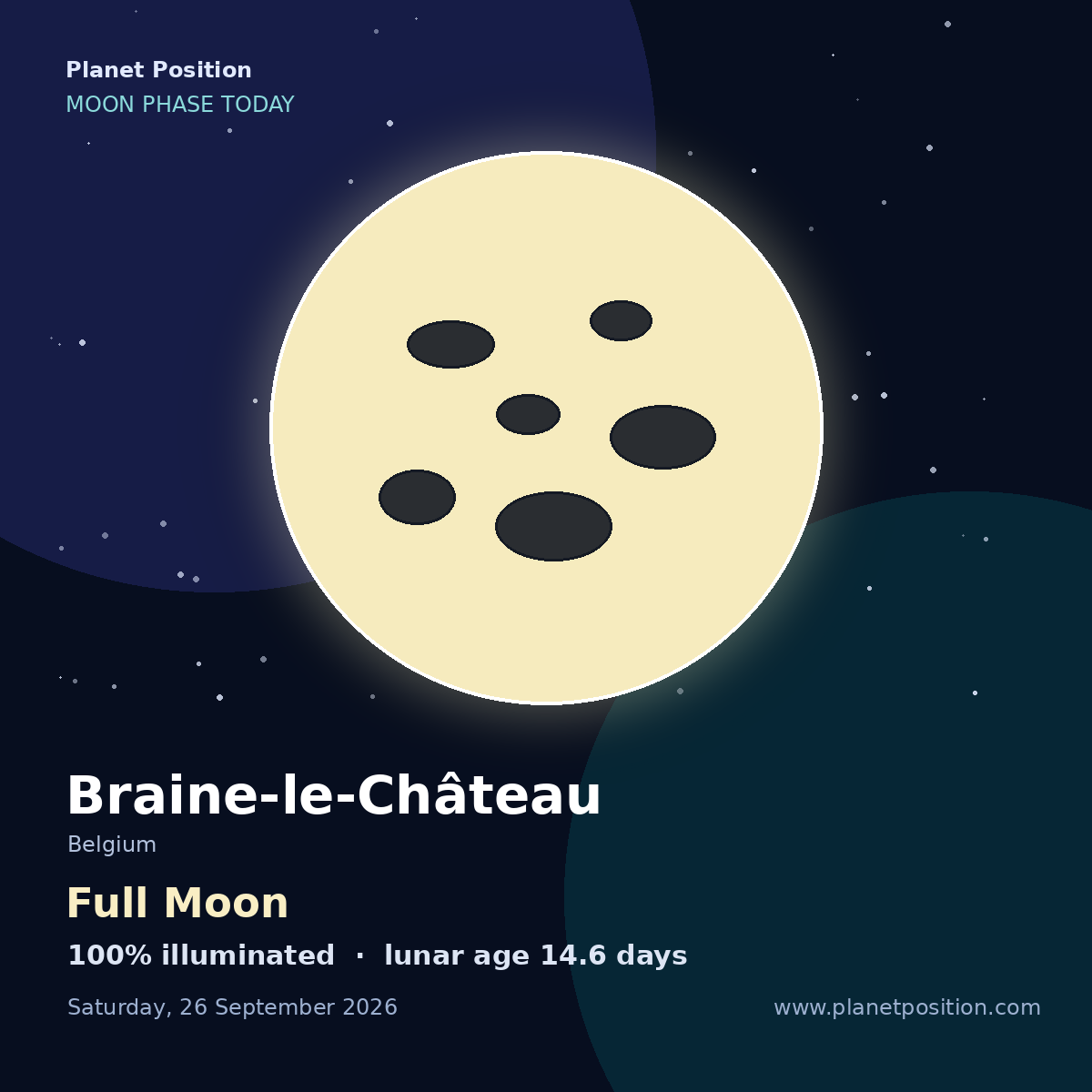 Waxing Gibbous moon shape in Braine-le-Château, 98% illuminated