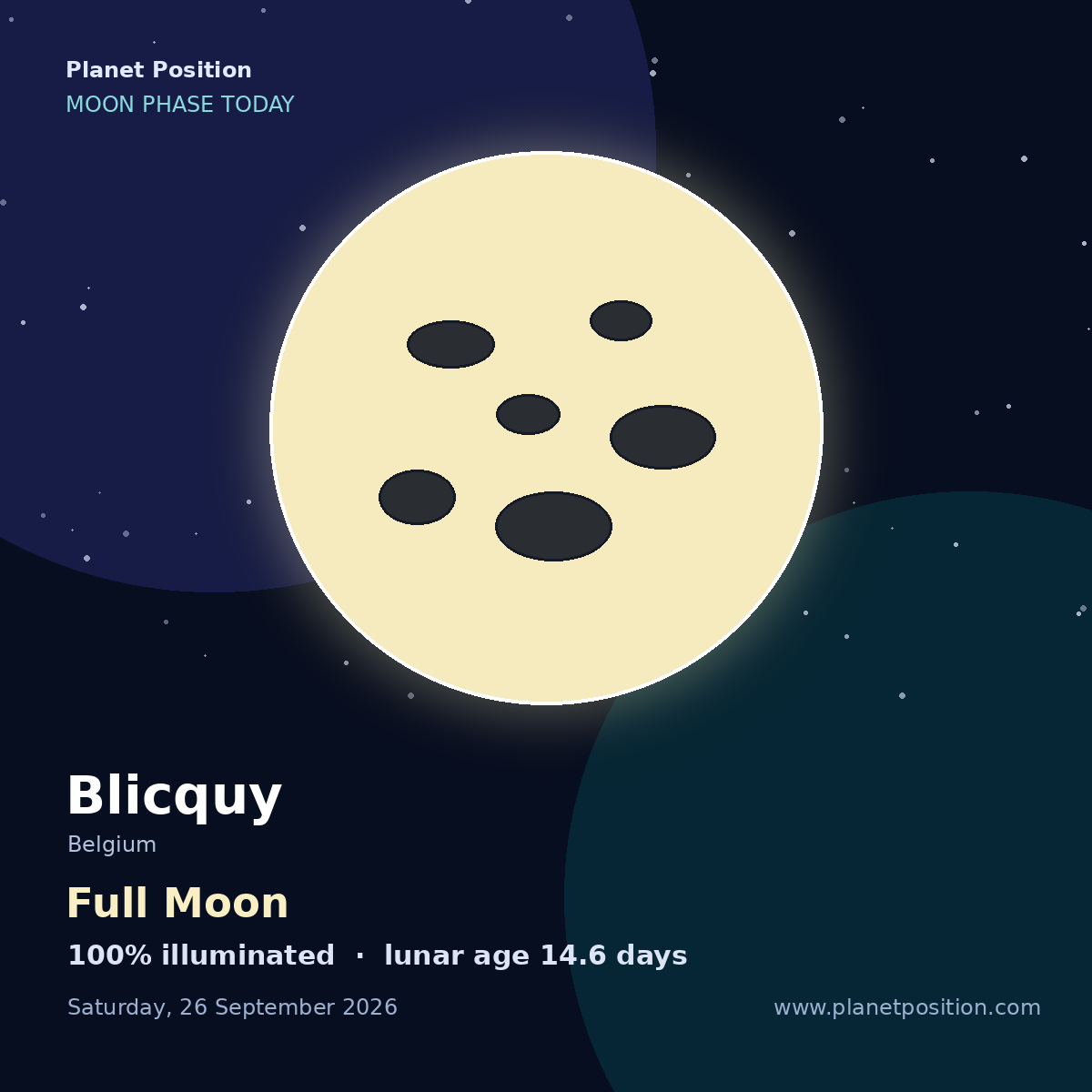 Waxing Gibbous moon shape in Blicquy, 98% illuminated