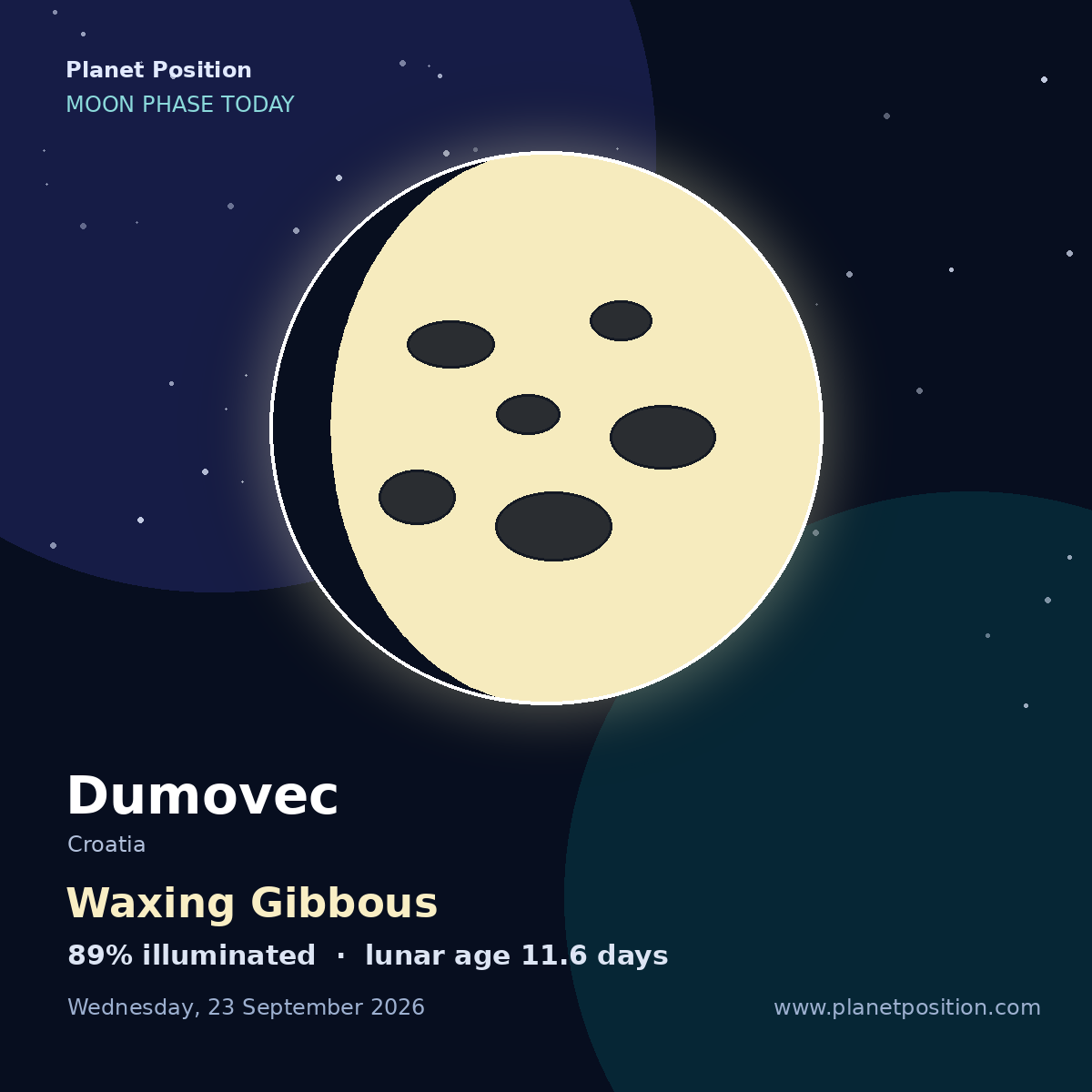 First Quarter moon shape in Dumovec, 52% illuminated
