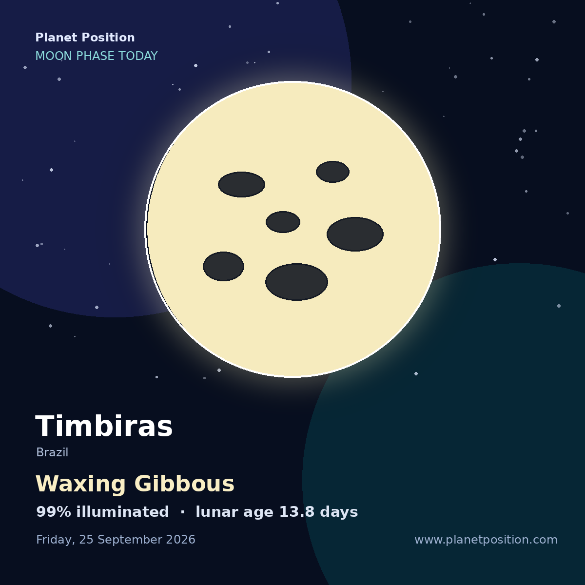 Waxing Gibbous moon in Timbiras, 99% illuminated