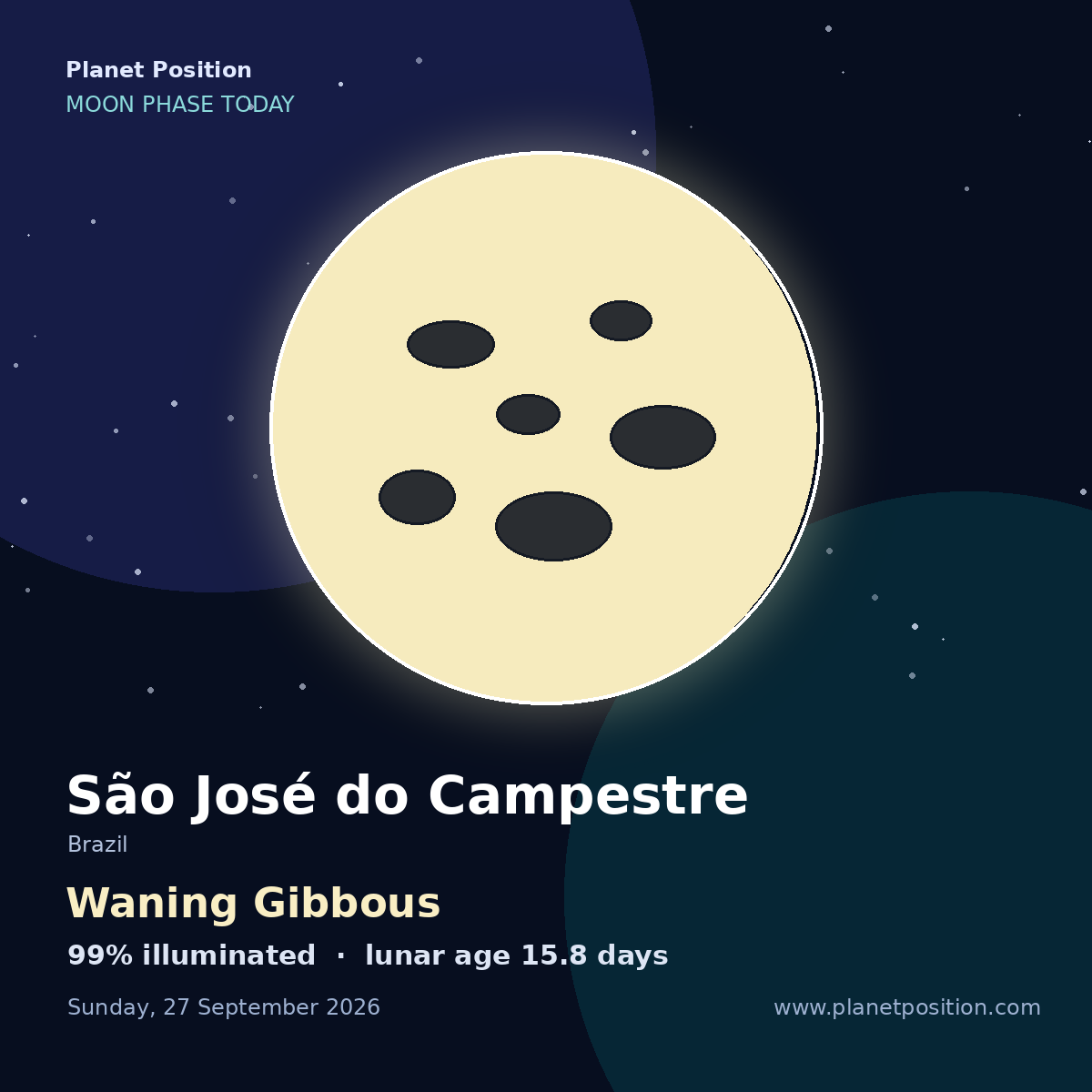 Waning Gibbous moon shape in São José do Campestre, 99% illuminated