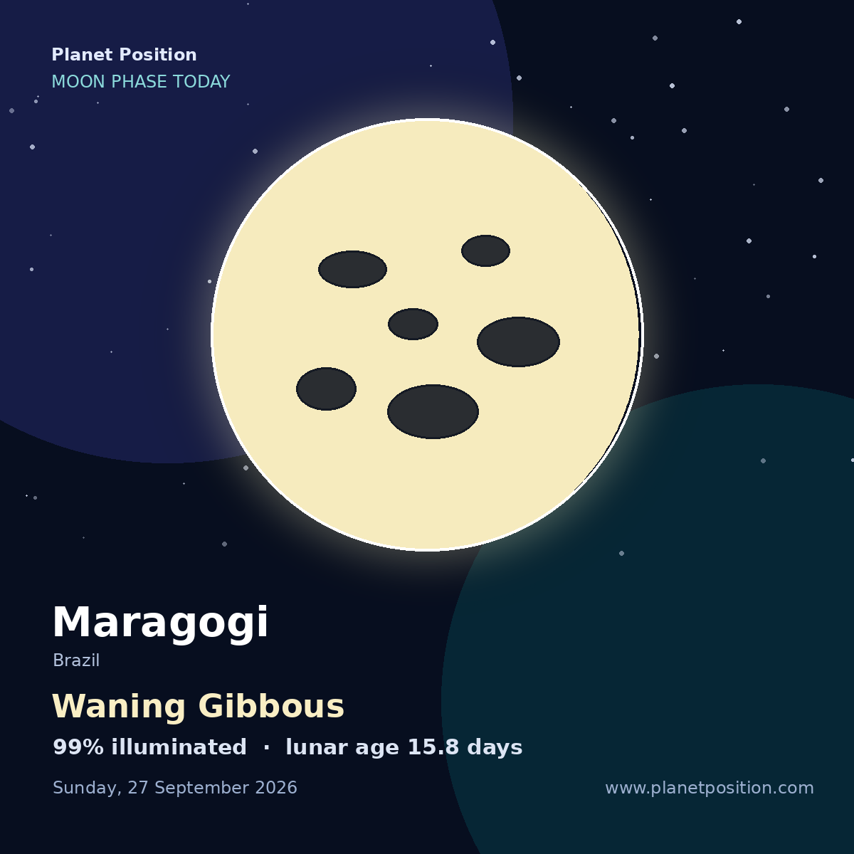 Waxing Gibbous moon shape in Maragogi, 99% illuminated