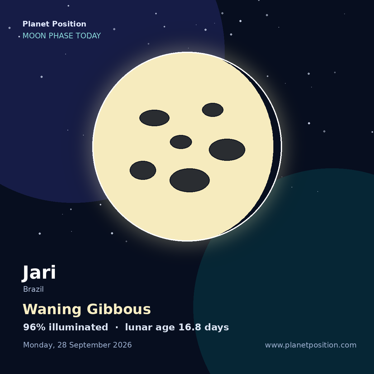 Waning Gibbous moon shape in Jari, 99% illuminated
