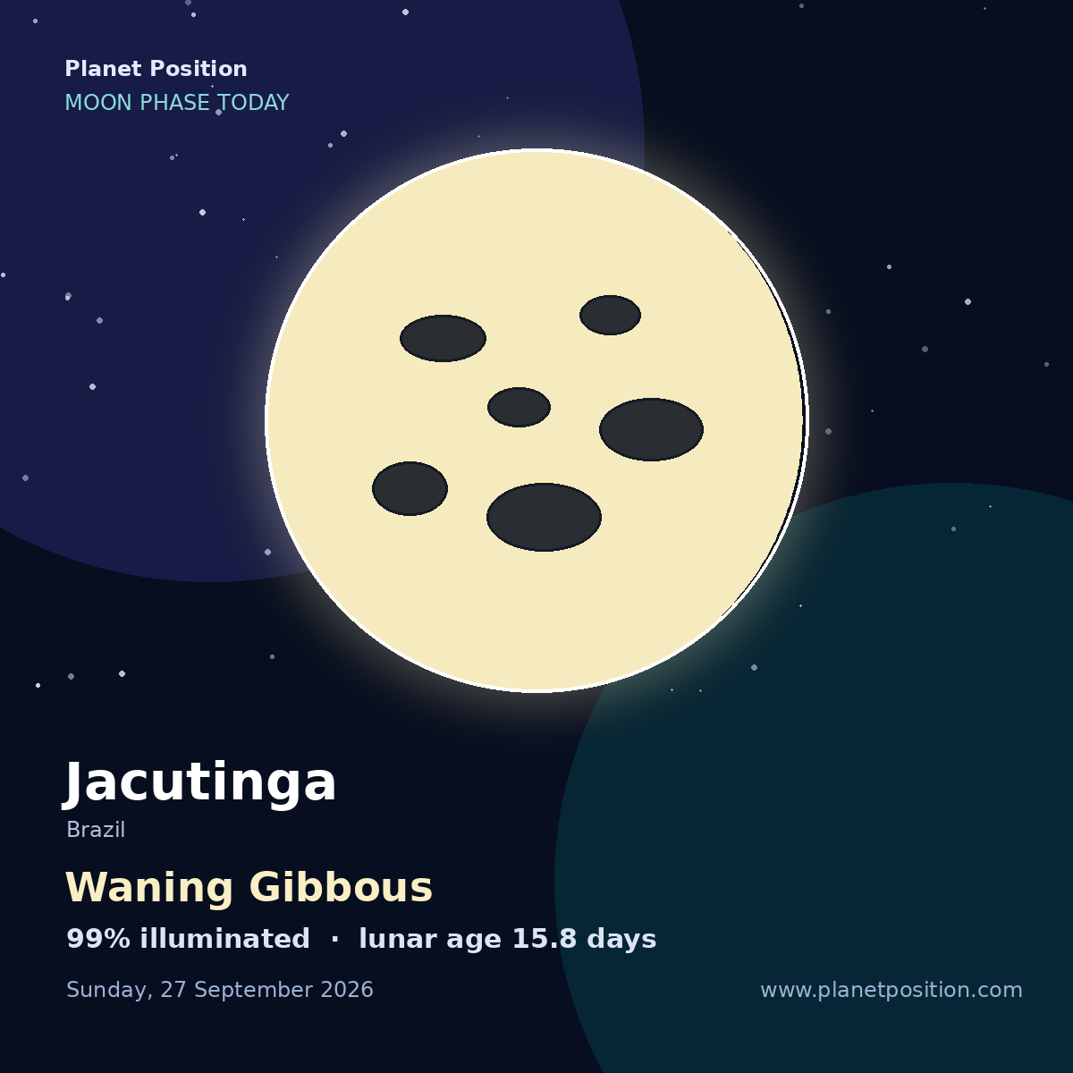 Waning Gibbous moon shape in Jacutinga, 99% illuminated