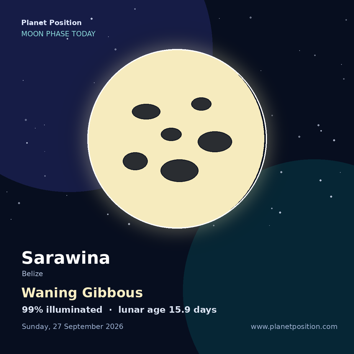Waning Gibbous moon in Sarawina, 99% illuminated