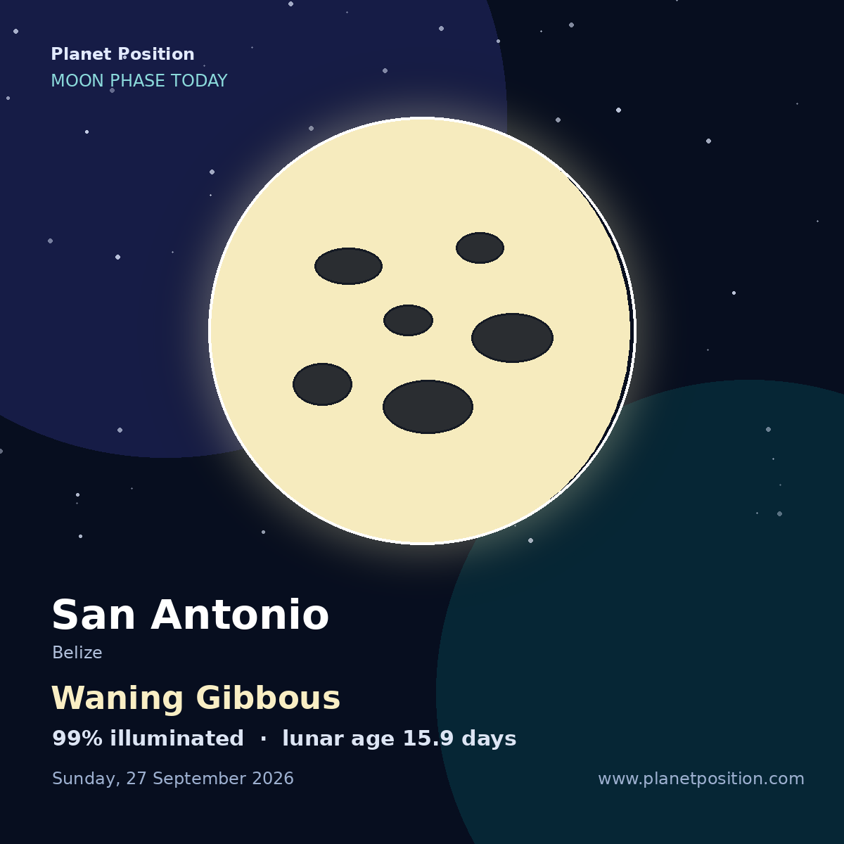 Waning Gibbous moon shape in San Antonio, 99% illuminated