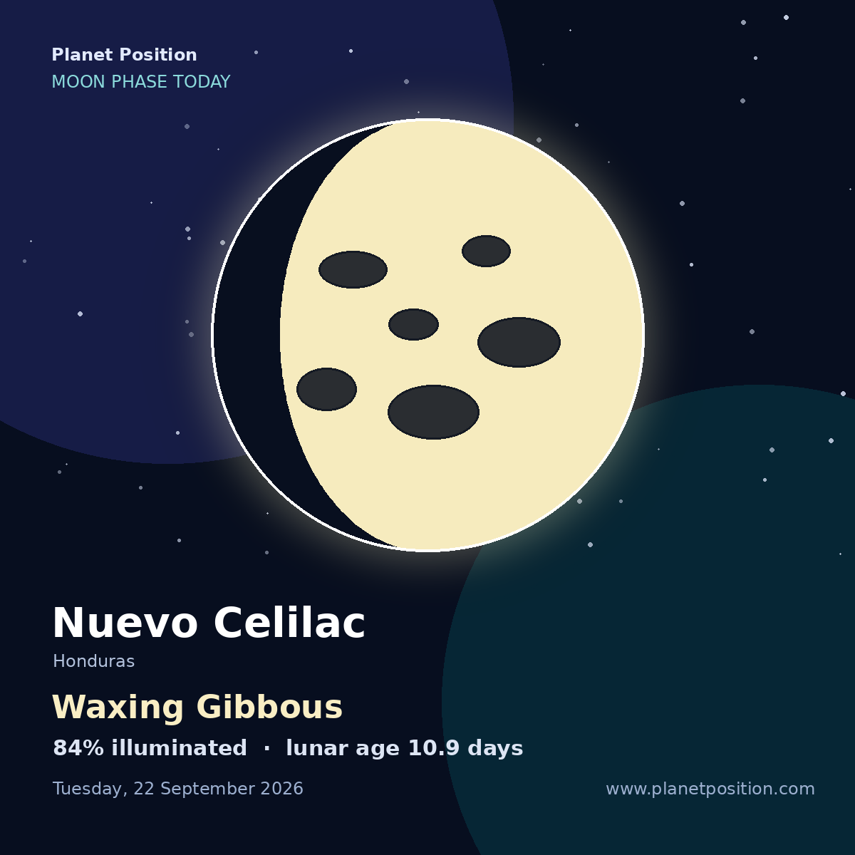 First Quarter moon shape in Nuevo Celilac, 45% illuminated