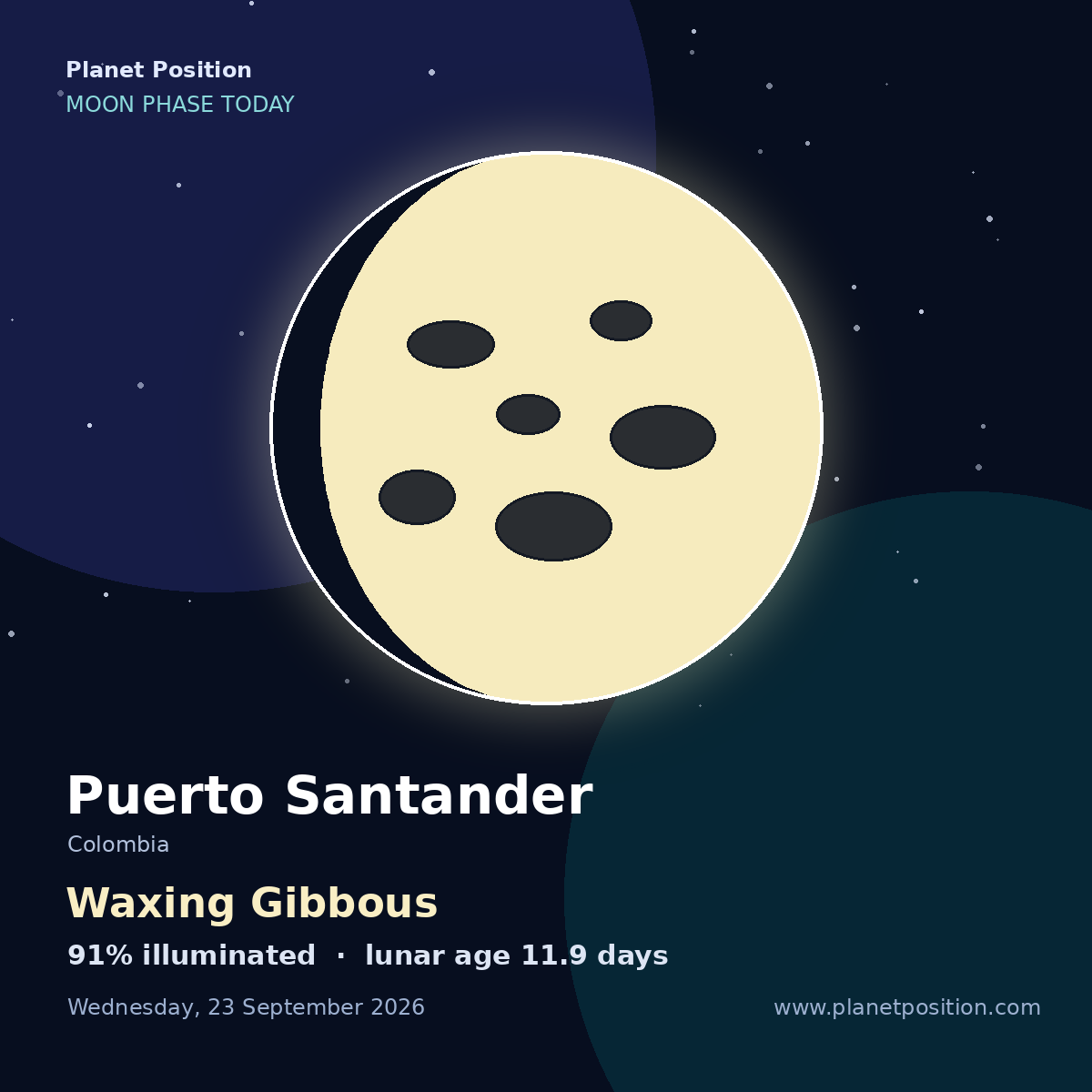 First Quarter moon shape in Puerto Santander, 44% illuminated