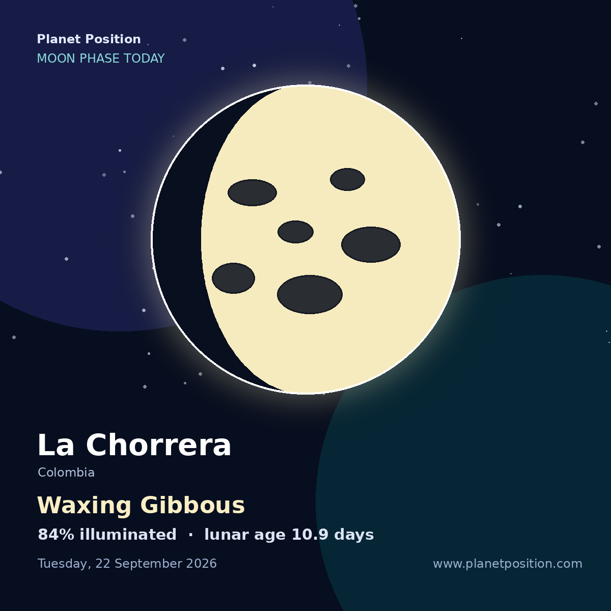 First Quarter moon shape in La Chorrera, 44% illuminated