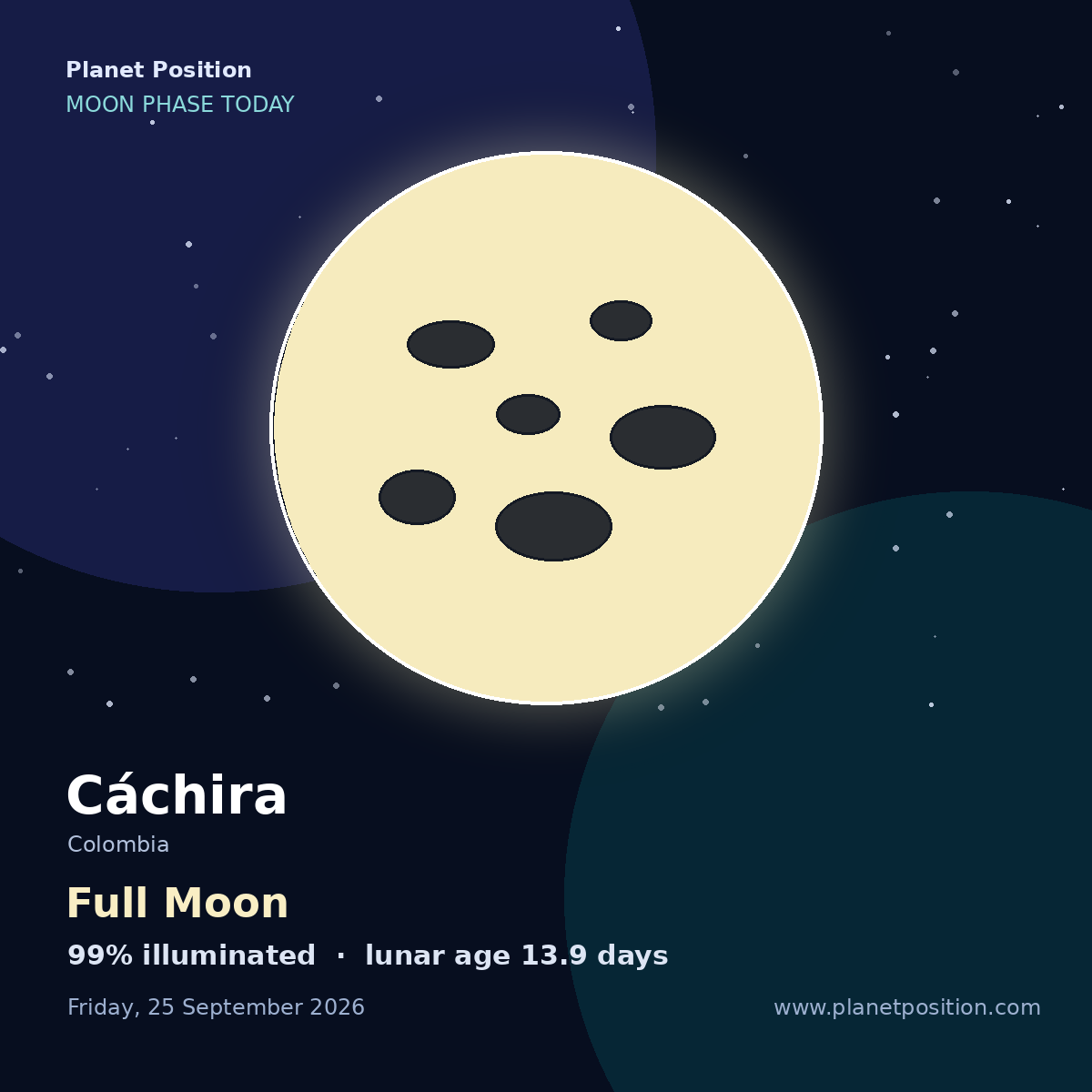 First Quarter moon shape in Cáchira, 44% illuminated