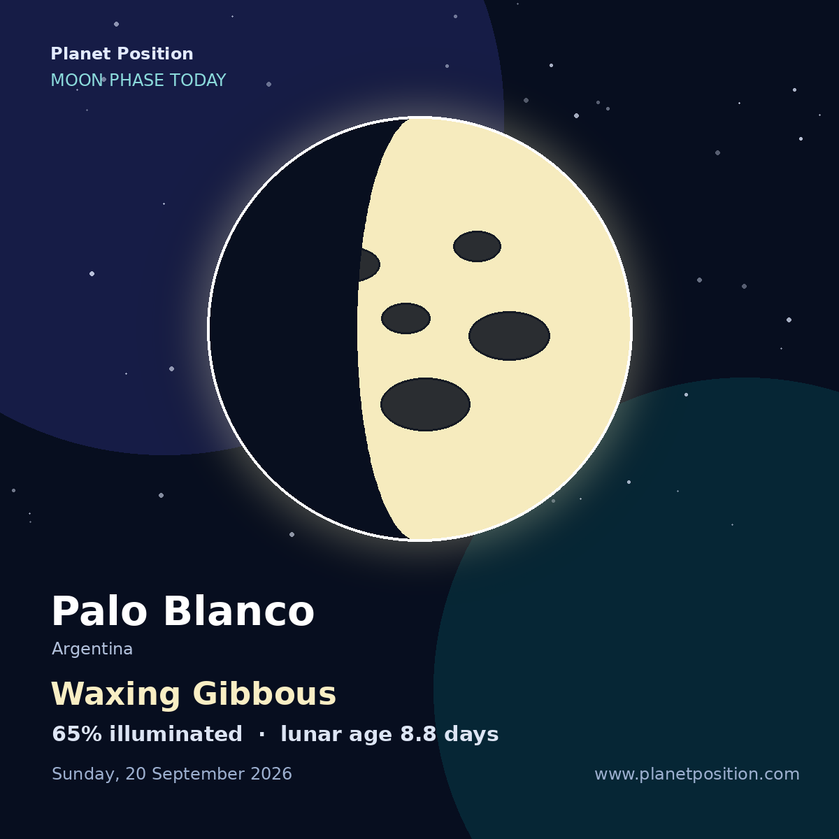 First Quarter moon shape in Palo Blanco, 44% illuminated