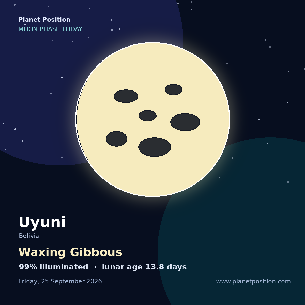 Waxing Gibbous moon shape in Uyuni, 99% illuminated