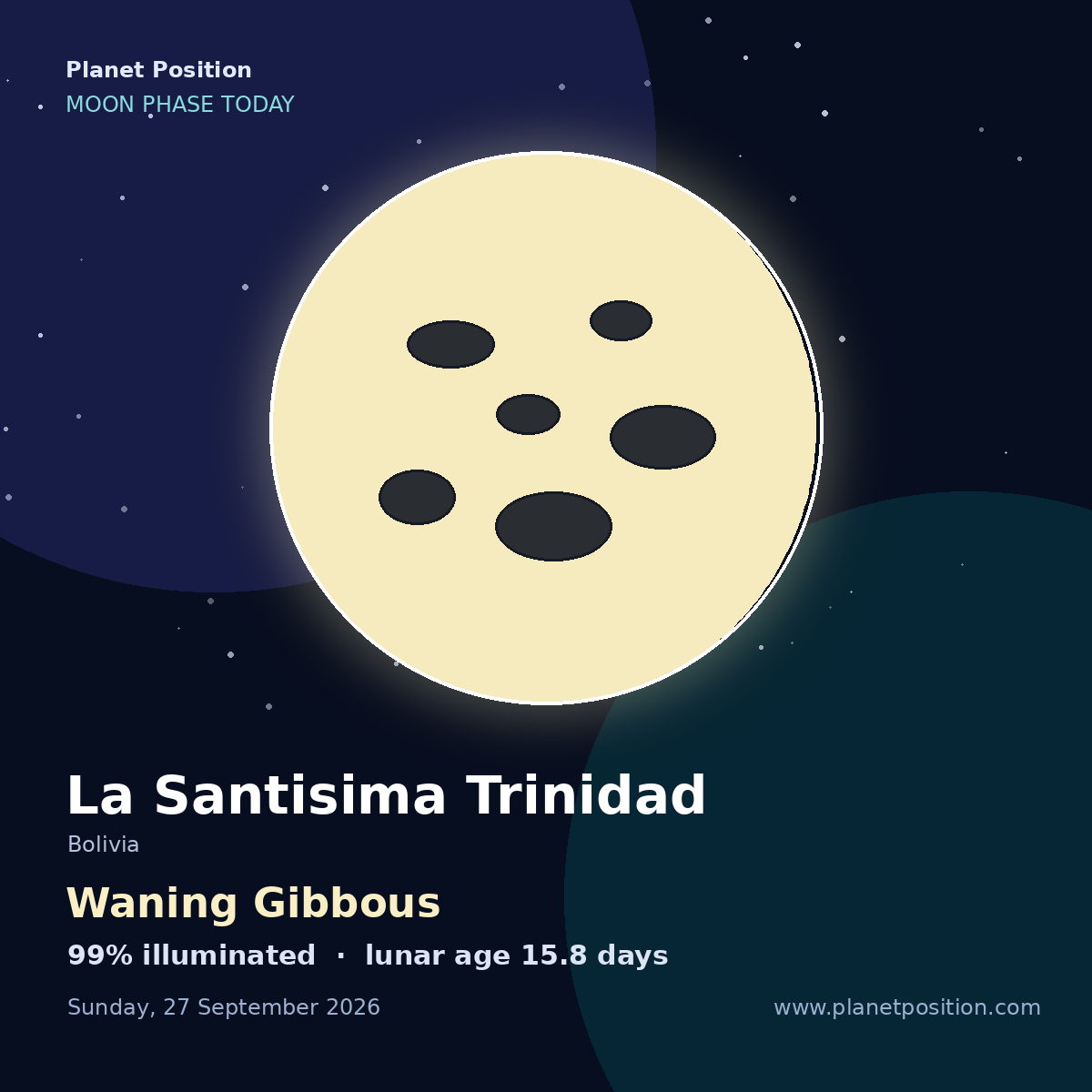 Waxing Gibbous moon in La Santisima Trinidad, 99% illuminated