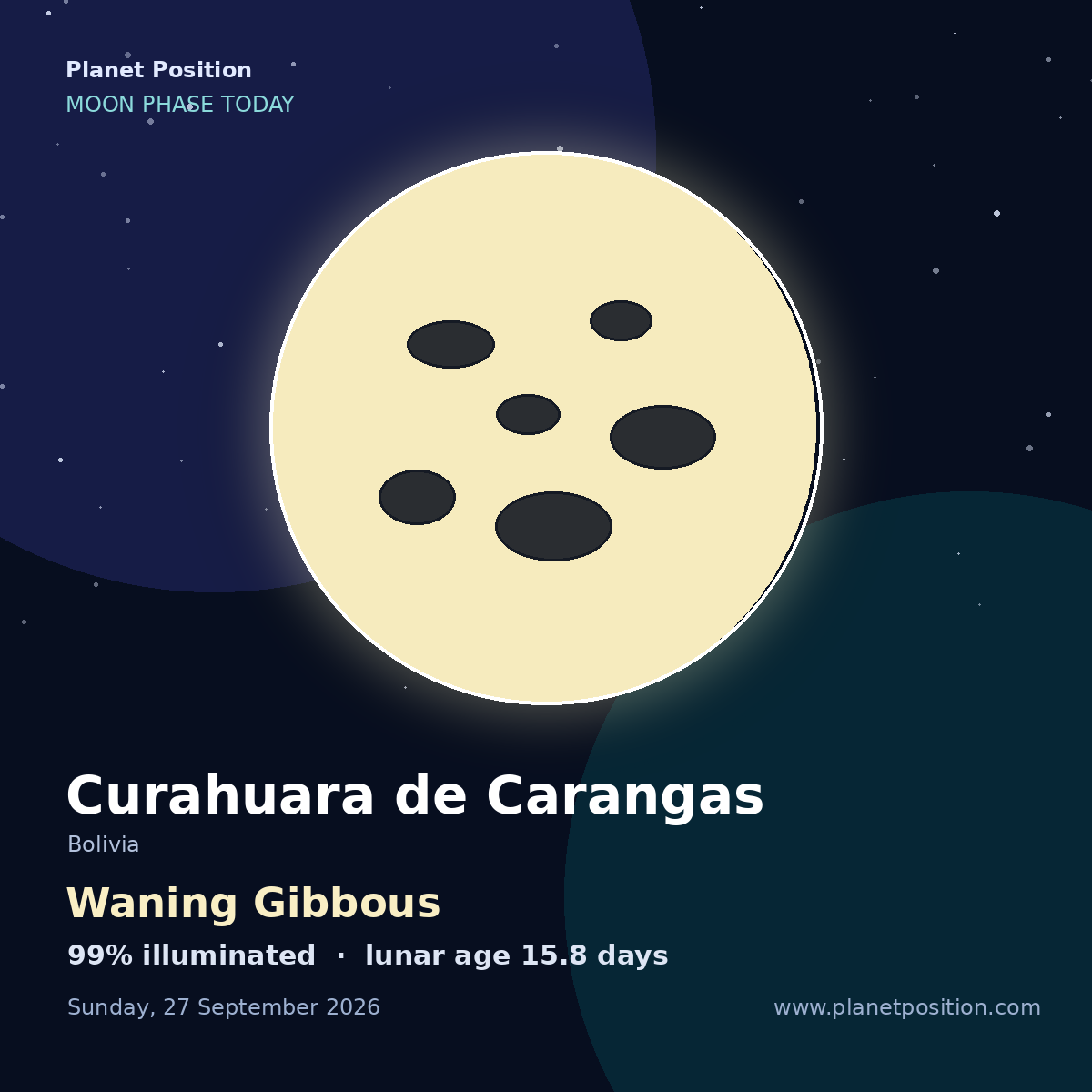 Waning Gibbous moon shape in Curahuara de Carangas, 99% illuminated