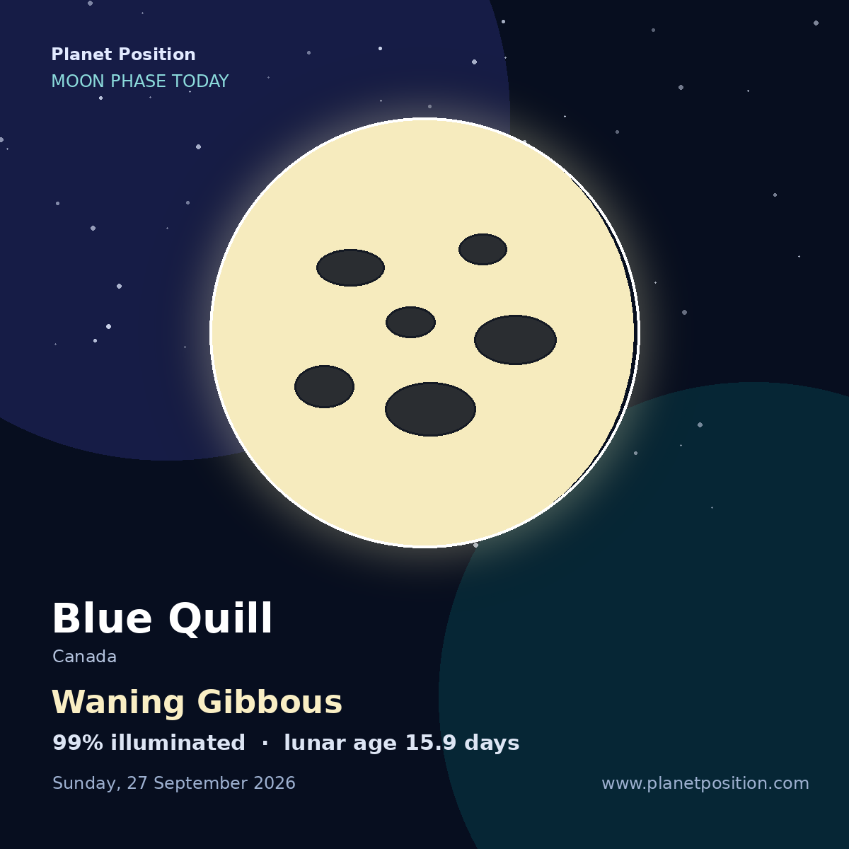 Waning Gibbous moon shape in Blue Quill, 99% illuminated