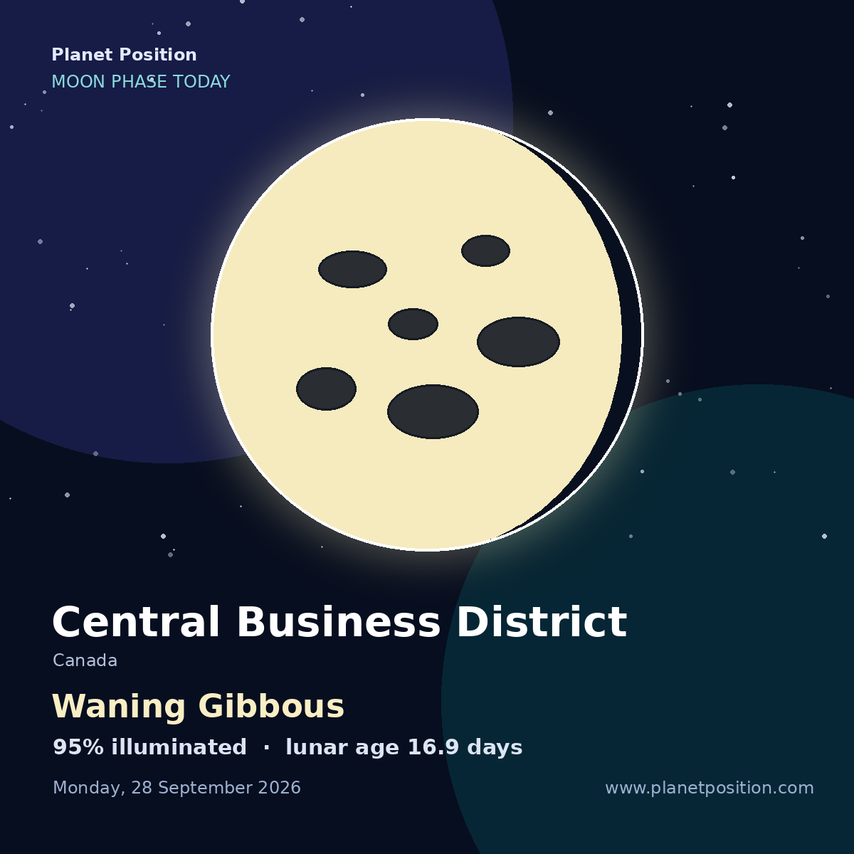 Waning Gibbous moon shape in Central Business District, 99% illuminated