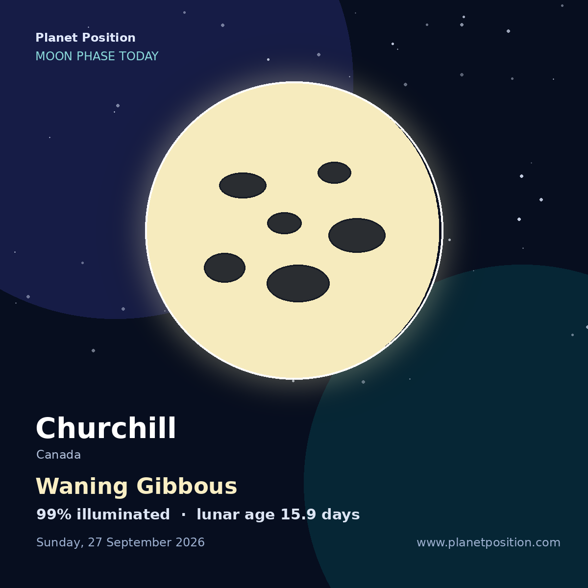 Waning Gibbous moon shape in Churchill, 99% illuminated