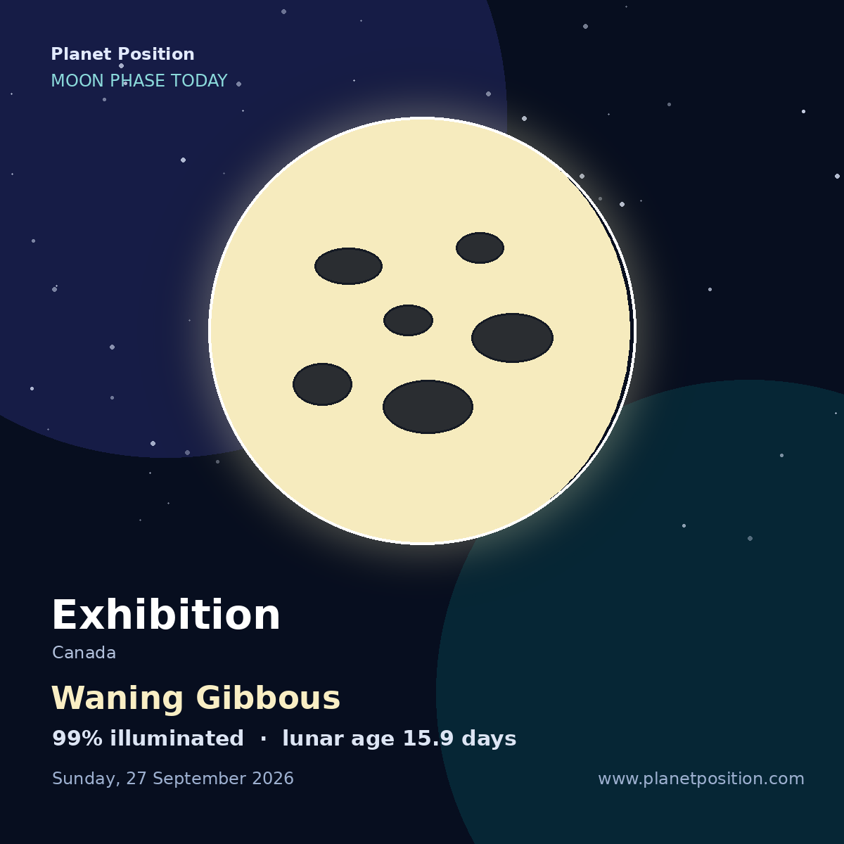 Waning Gibbous moon shape in Exhibition, 99% illuminated