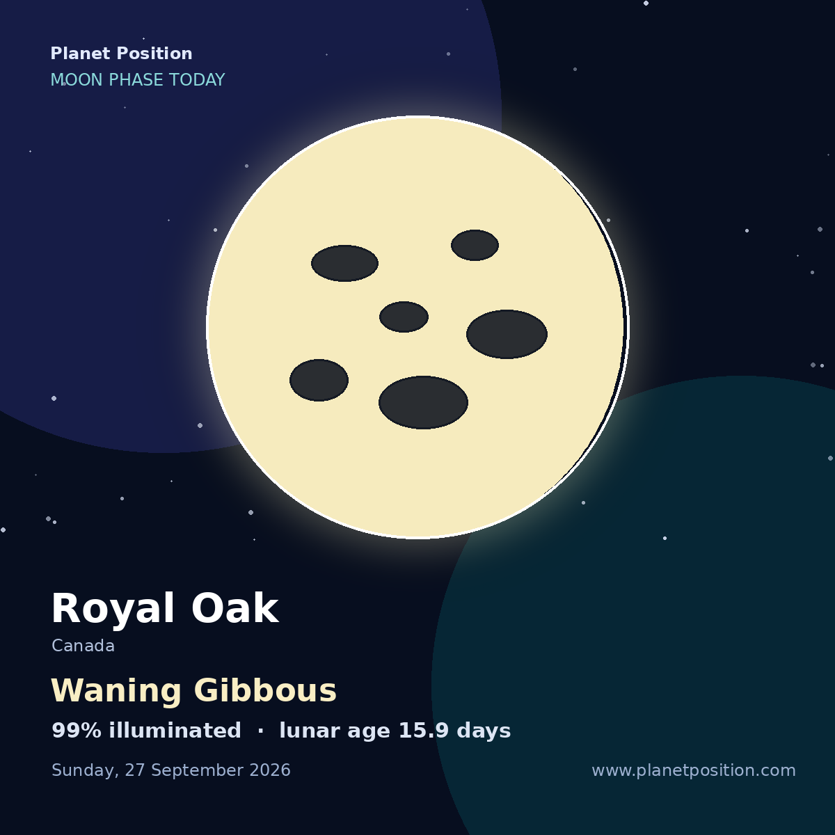 Waning Gibbous moon shape in Royal Oak, 99% illuminated