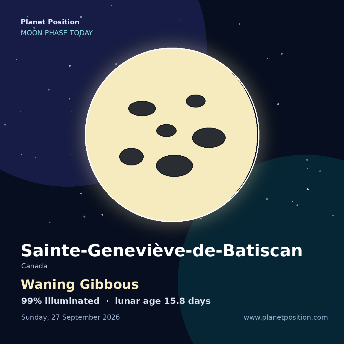 Waning Gibbous moon shape in Sainte-Geneviève-de-Batiscan, 99% illuminated