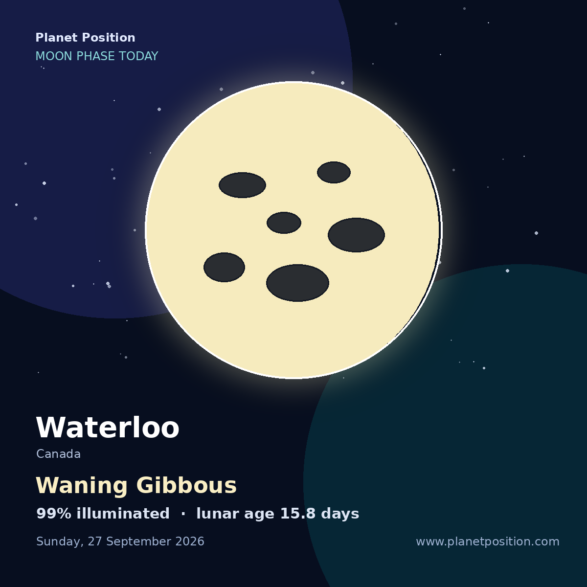 Waning Gibbous moon shape in Waterloo, 99% illuminated