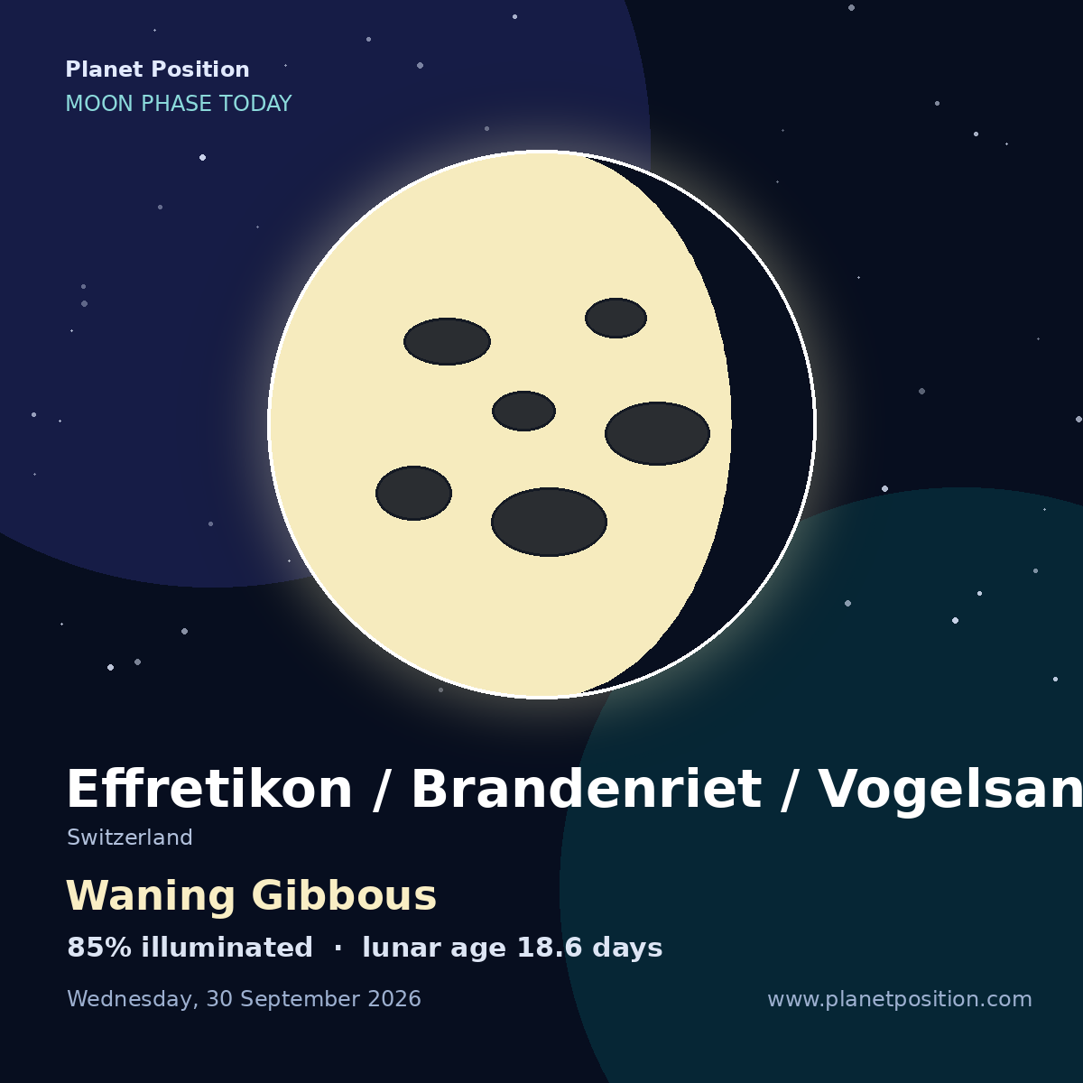 Waning Gibbous moon shape in Effretikon / Brandenriet / Vogelsang, 85% illuminated