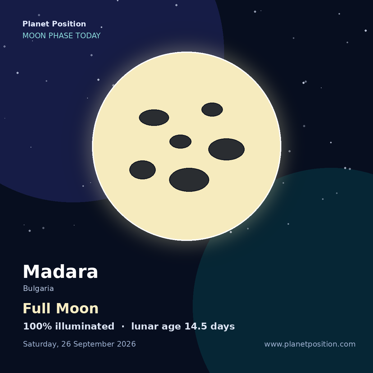 Full Moon moon shape in Madara, 100% illuminated