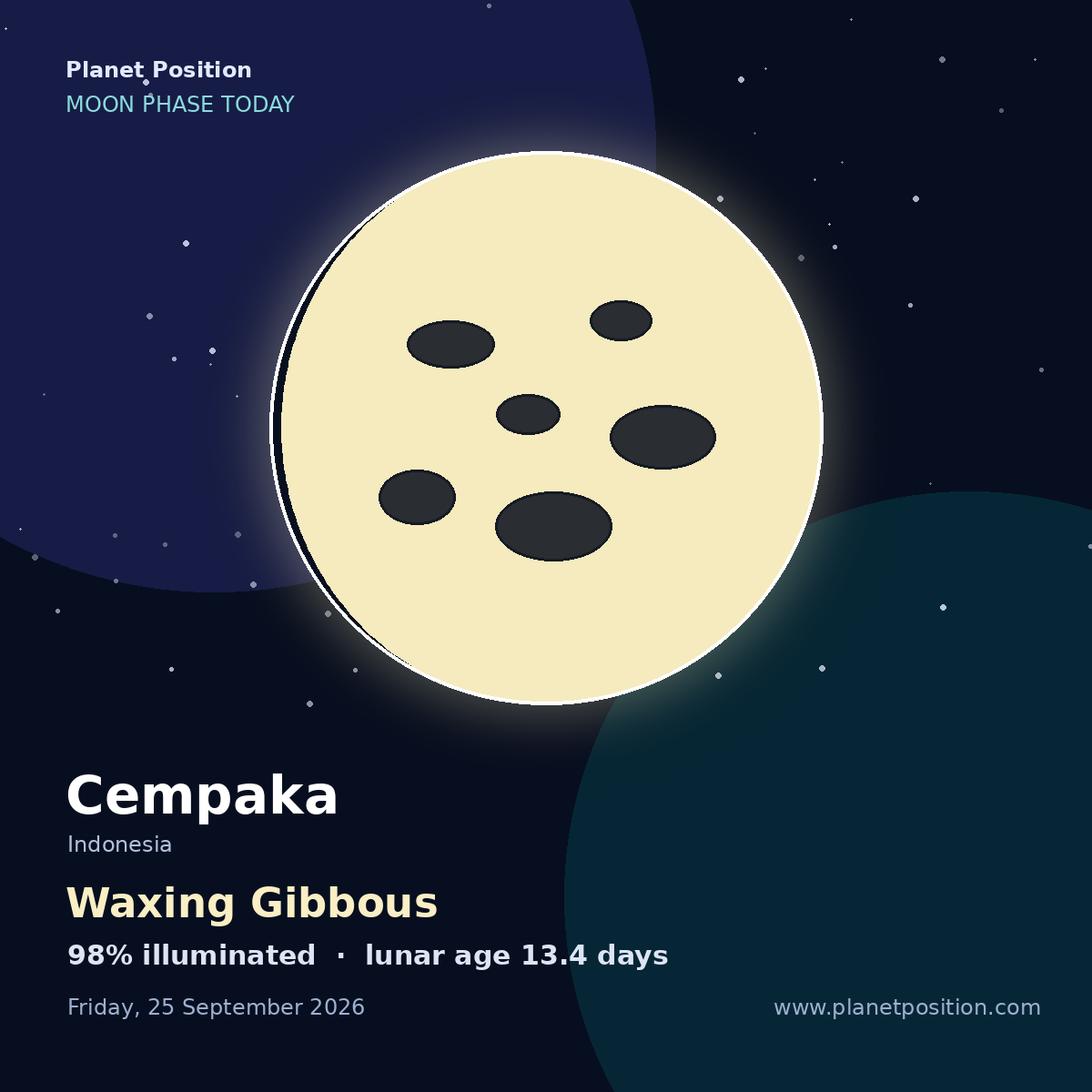 First Quarter moon shape in Cempaka, 50% illuminated
