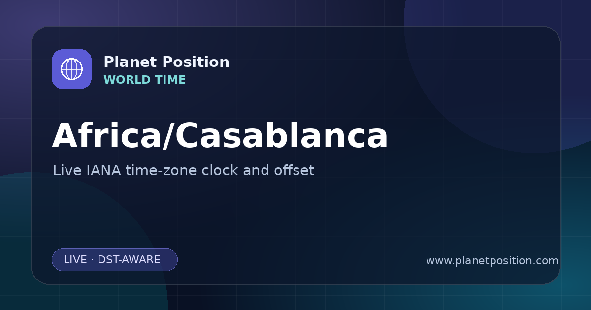 Social sharing image for Africa/Casablanca Time Now | UTC Offset & Time Zone