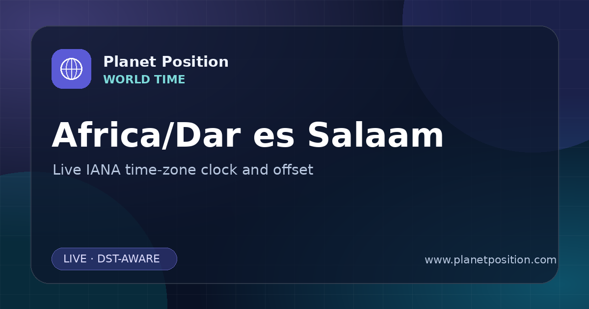 Social sharing image for Africa/Dar es Salaam Time Now | UTC Offset & Time Zone