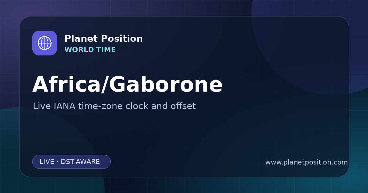 Social sharing image for Africa/Gaborone Time Now | UTC Offset & Time Zone