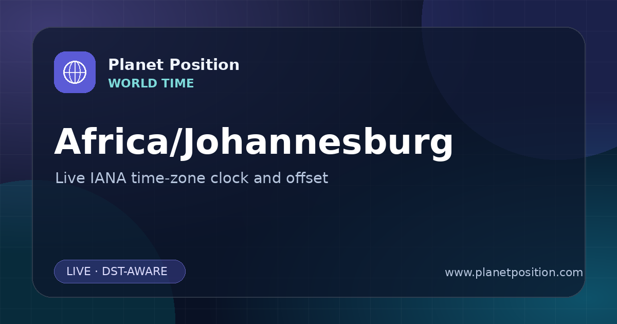 Social sharing image for Africa/Johannesburg Time Now | UTC Offset & Time Zone