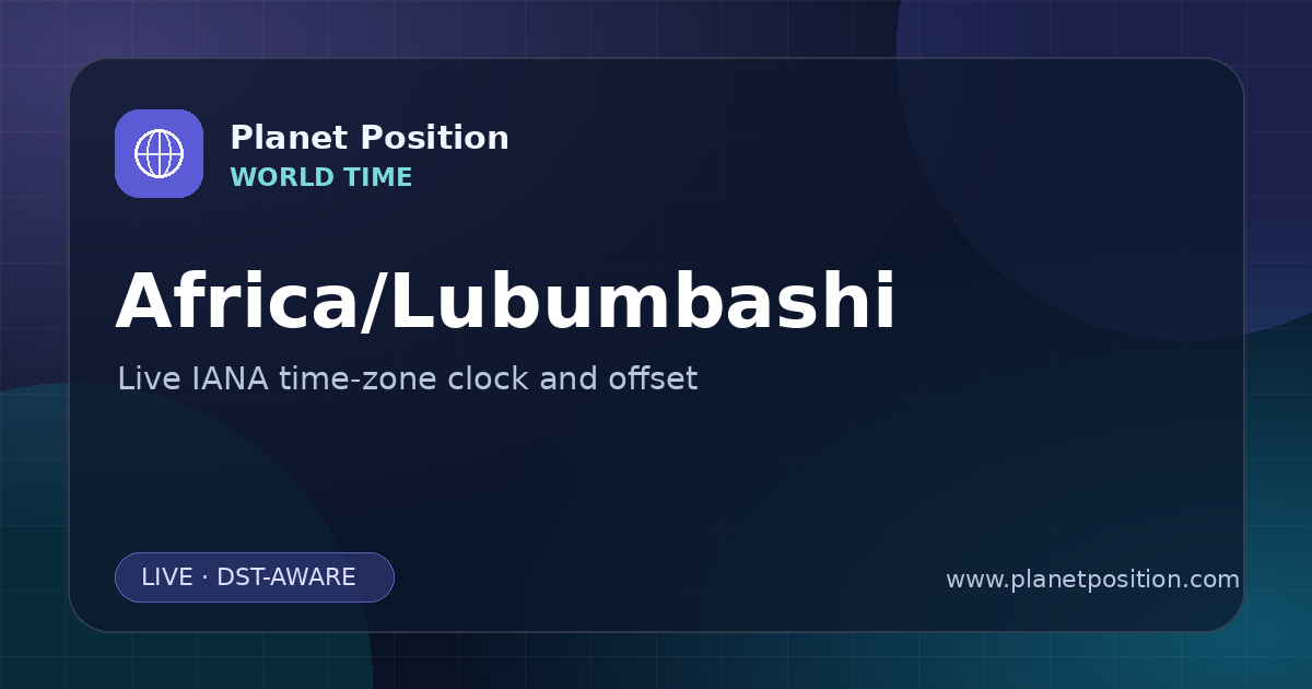 Social sharing image for Africa/Lubumbashi Time Now | UTC Offset & Time Zone
