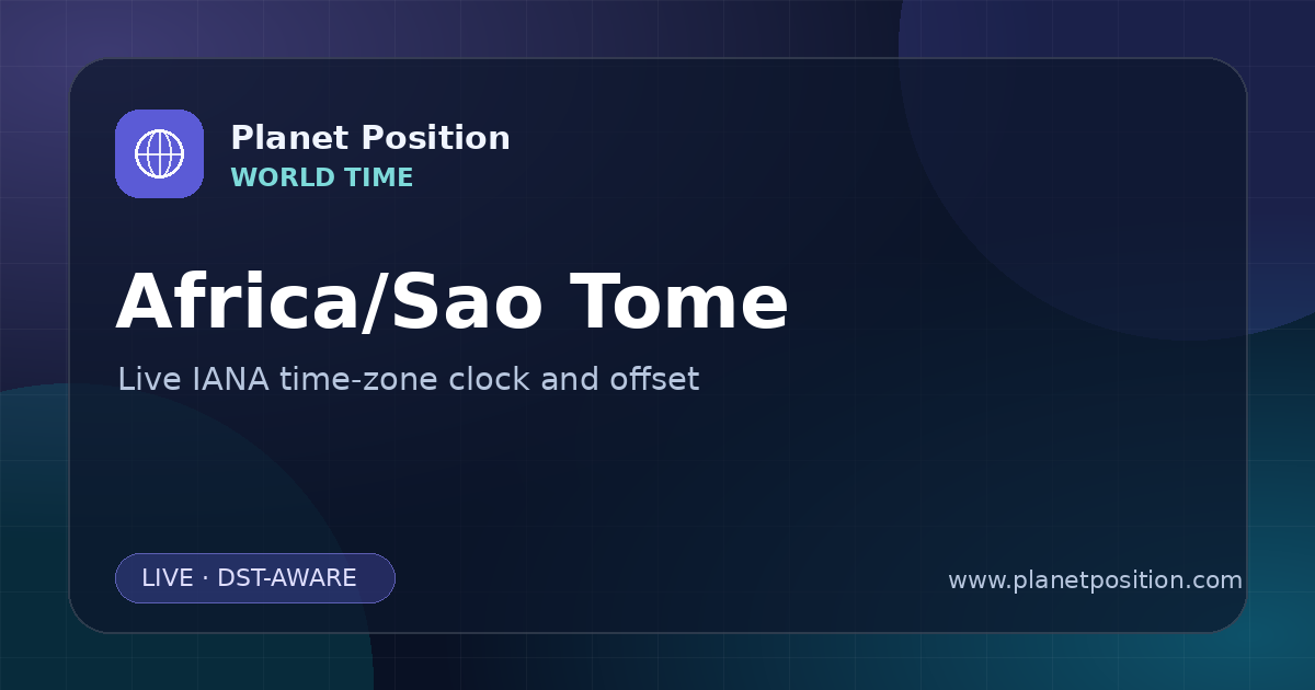 Social sharing image for Africa/Sao Tome Time Now | UTC Offset & Time Zone