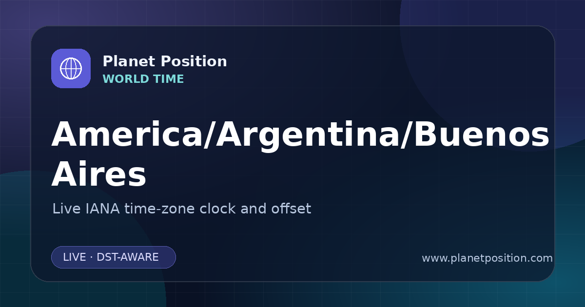 Social sharing image for America/Argentina/Buenos Aires Time Now | UTC Offset & Time Zone