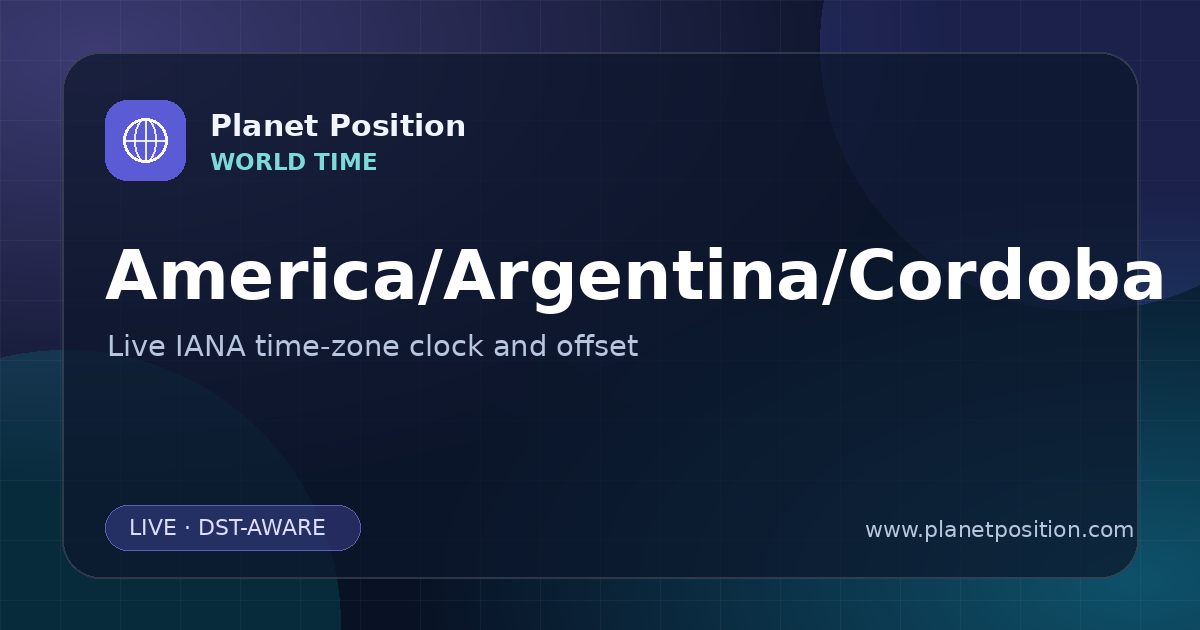 Social sharing image for America/Argentina/Cordoba Time Now | UTC Offset & Time Zone