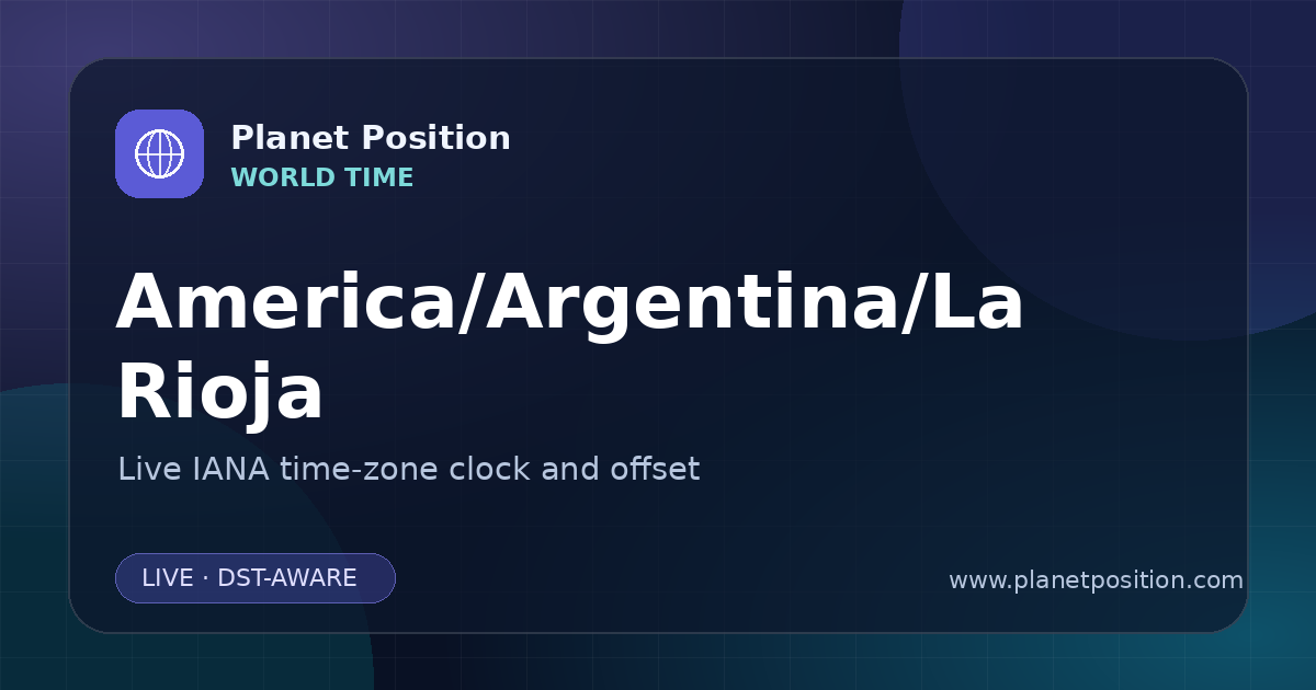 Social sharing image for America/Argentina/La Rioja Time Now | UTC Offset & Time Zone