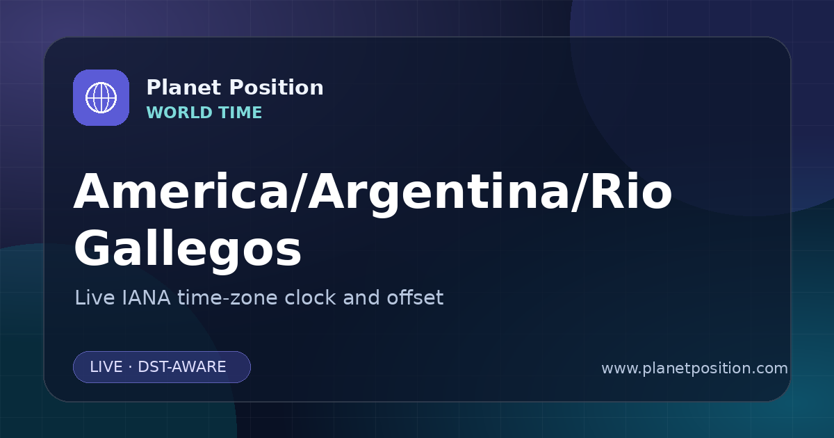 Social sharing image for America/Argentina/Rio Gallegos Time Now | UTC Offset & Time Zone