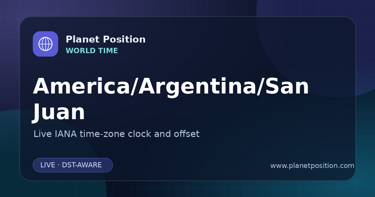 Social sharing image for America/Argentina/San Juan Time Now | UTC Offset & Time Zone