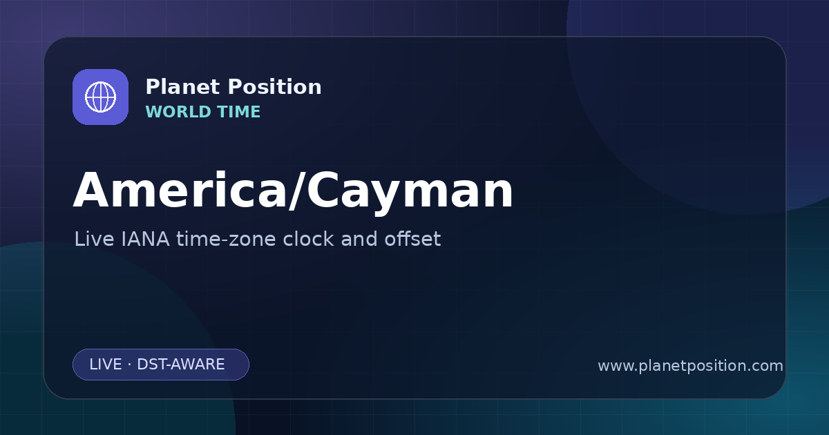 Social sharing image for America/Cayman Time Now | UTC Offset & Time Zone