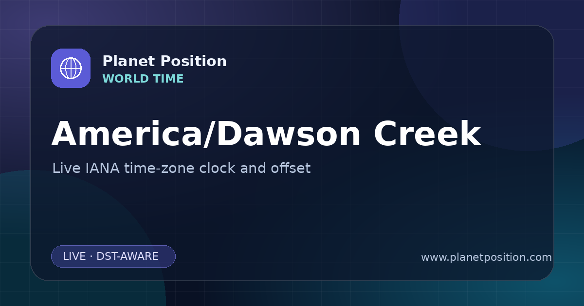 Social sharing image for America/Dawson Creek Time Now | UTC Offset & Time Zone