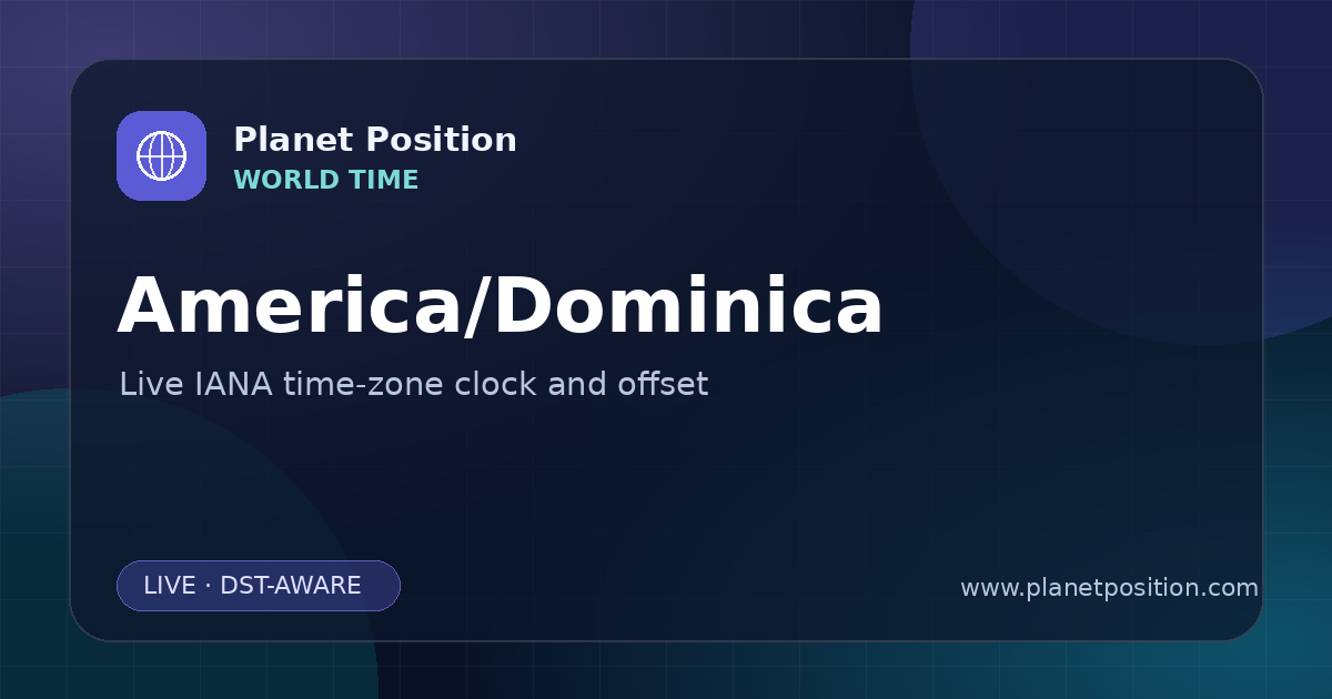 Social sharing image for America/Dominica Time Now | UTC Offset & Time Zone