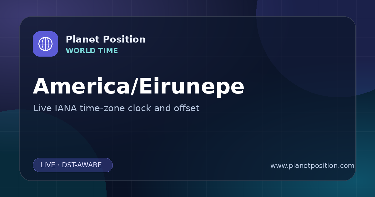 Social sharing image for America/Eirunepe Time Now | UTC Offset & Time Zone