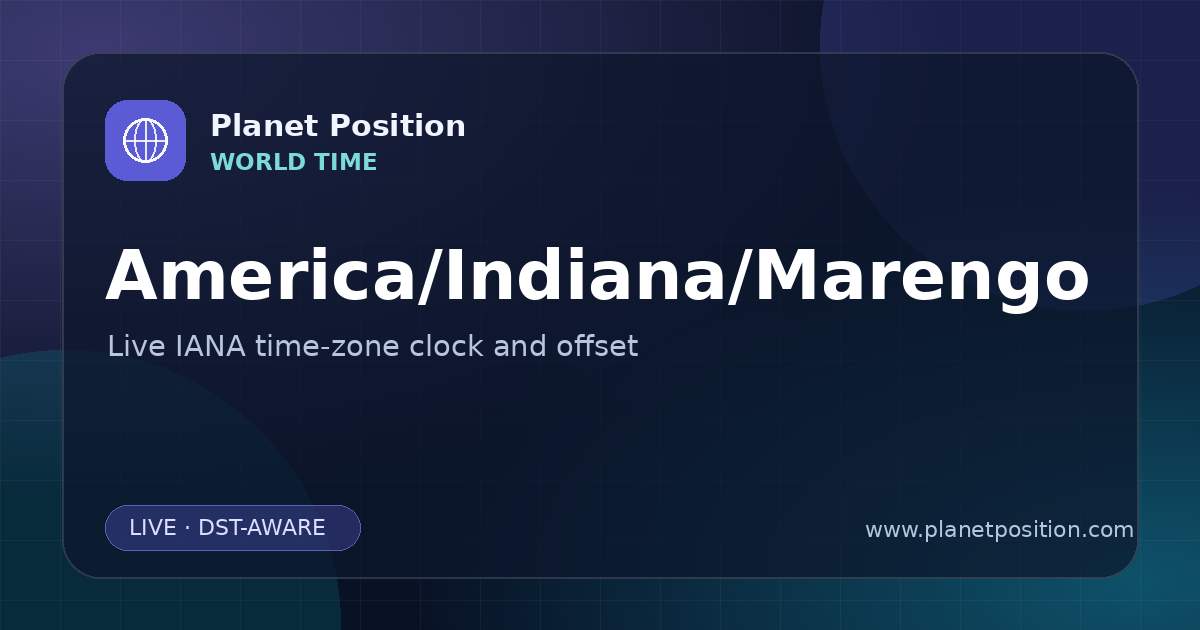 Social sharing image for America/Indiana/Marengo Time Now | UTC Offset & Time Zone