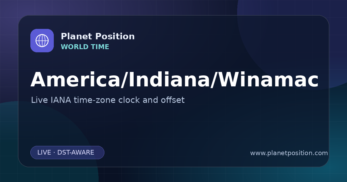 Social sharing image for America/Indiana/Winamac Time Now | UTC Offset & Time Zone