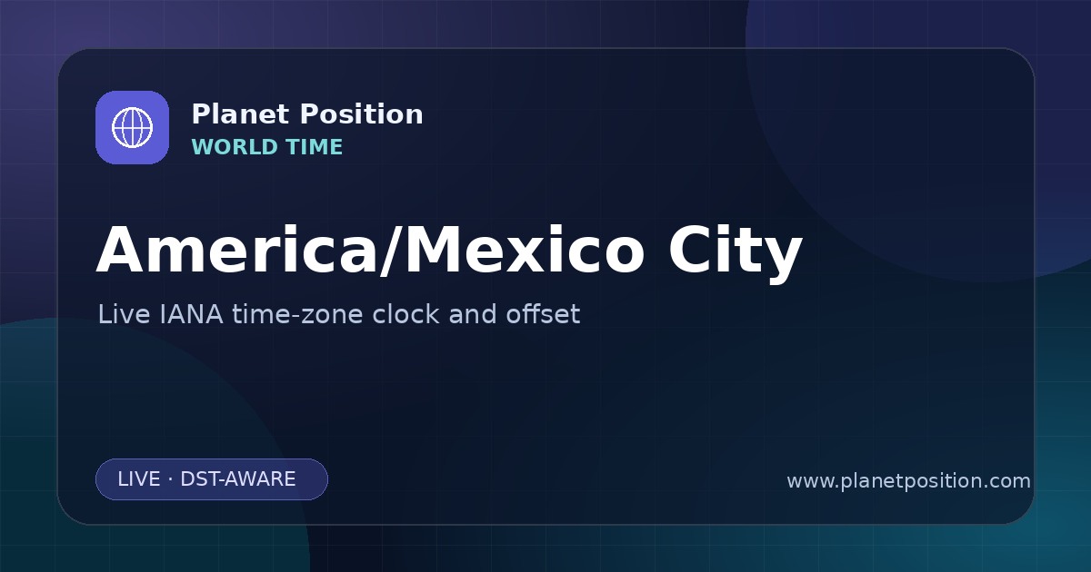 Social sharing image for America/Mexico City Time Now | UTC Offset & Time Zone