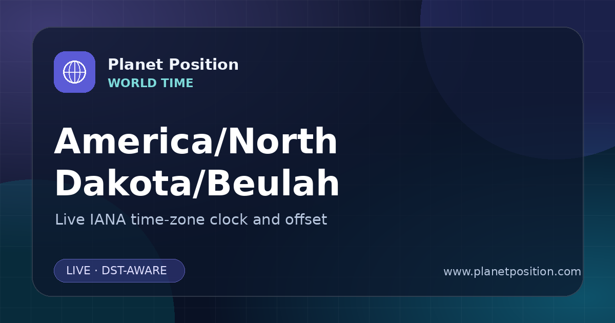 Social sharing image for America/North Dakota/Beulah Time Now | UTC Offset & Time Zone
